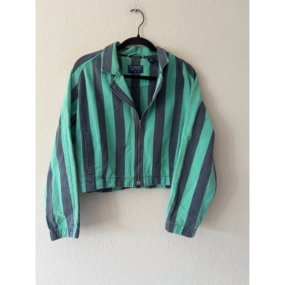 Vintage 90s Esprit Full Zip Blue Green Striped Cotton Jacket Mens Large
